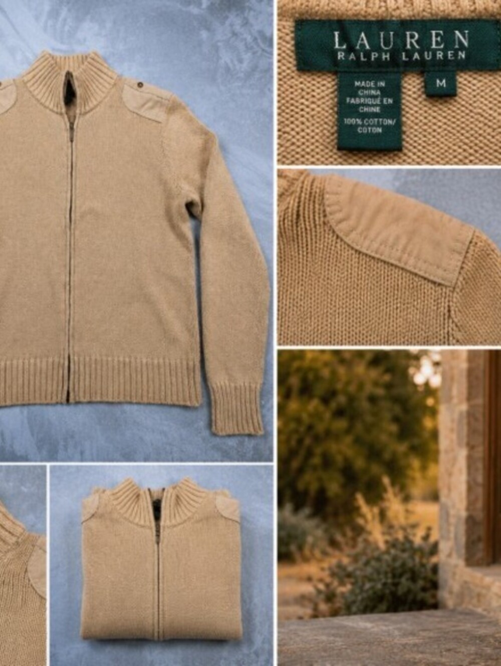 Lauren Ralph Lauren Women's M Cotton Full Zip Sweater Sand Equestrian